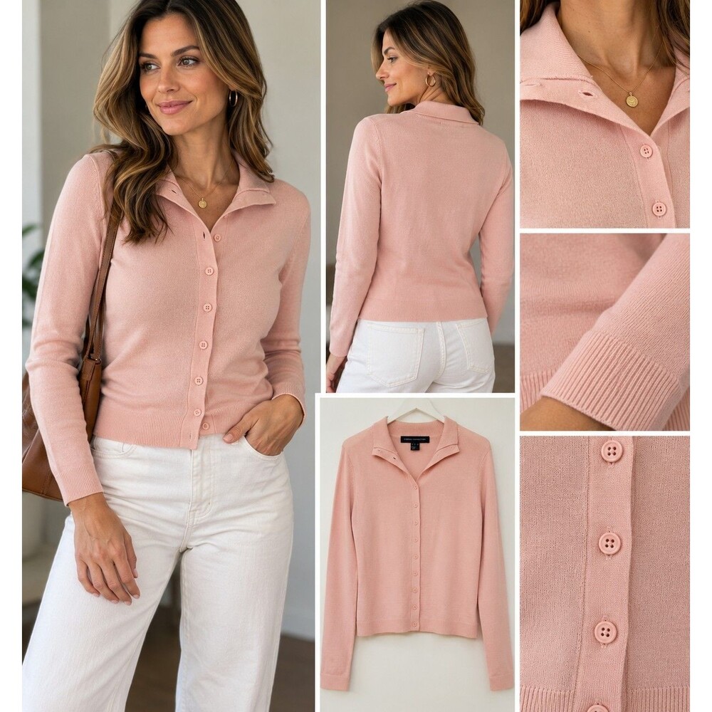 French Connection Cardigan Sweater S Pink Collared Button Front Wool Blend